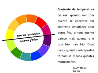 Contraste de temperatura 
de cor: quando um tom 
quente se encontra em 
contraste simultâneo com 
outro frio, o tom quente 
parece mais quente e o 
tom frio mais frio. Duas 
cores quentes sobrepostas 
tornam-se menos quentes 
mutuamente. 
Profª Mírian 
Carlos 
 