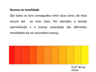 Nuance ou tonalidade 
São todos os tons conseguidos entre duas cores, do mais 
escuro até ao mais claro. Por exemplo, o laranja 
avermelhado e o laranja amarelado são diferentes 
tonalidades da cor secundária laranja. 
Profª Mírian 
Carlos 
 