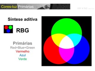 Síntese aditiva RBG Primárias Red+Blue+Green Vermelho Azul Verde cor e luz  Isabel Costa Cores-luz  Primárias 