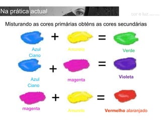 + Misturando as cores primárias obténs as cores secundárias + + = = = Azul Ciano Azul Ciano Amarelo Amarelo magenta magenta Vermelho  alaranjado Violeta Verde cor e luz  Isabel Costa Na prática actual 