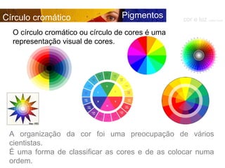 A organização da cor foi uma preocupação de vários cientistas.  É uma forma de classificar as cores e de as colocar numa ordem. O círculo cromático ou círculo de cores é uma representação visual de cores. cor e luz  Isabel Costa Círculo cromático  Pigmentos 