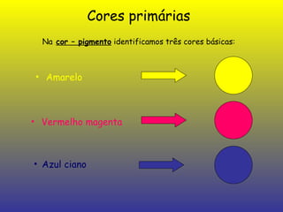 Cores primárias   Na   cor – pigmento  identificamos três cores básicas: Amarelo Vermelho   magenta Azul ciano 