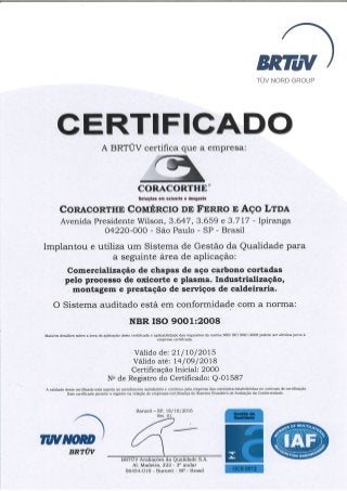 Certificado ISO 9001:2008 | BRTÜV – TÜV NORD GROUP - Coracorthe