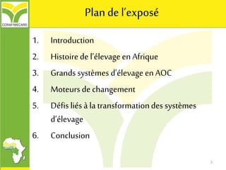 Plan de l’exposé
1. Introduction
2. Histoirede l’élevage en Afrique
3. Grands systèmes d’élevage en AOC
4. Moteurs de changement
5. Défis liésà la transformationdes systèmes
d’élevage
6. Conclusion
2
 