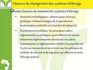 Autres facteurs de mutationdes systèmes d’élevage
– Avancéestechnologiques : aliments pour animaux,
génétique et biotechnologies de lareproduction
(insémination artificielle et le transfert d’embryons)
– Environnementpolitique : les principaux cadres
réglementaires et politiques ayantinfluencé le secteur
incluent les réglementations du marché, les cadres
institutionnels et réglementaires relatifs à la propriété et à
l’accès aux ressources en terre et en eau, les politiques de
mobilité, de sécurité et de migration qui affectent surtout
l’élevage pastoral
Moteurs de changement des systèmes d’élevage
 