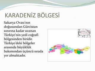 KARADENİZ BÖLGESİSakarya Ovası'nın doğusundan Gürcistan sınırına kadar uzanan Türkiye'nin yedi coğrafi bölgesinden biridir. Türkiye'deki bölgeler arasında büyüklük bakımından üçüncü sırada yer almaktadır.