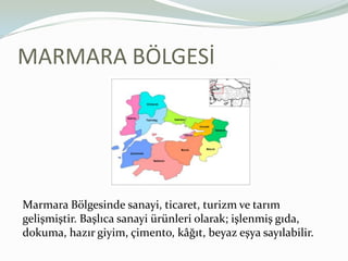 MARMARA BÖLGESİMarmara Bölgesinde sanayi, ticaret, turizm ve tarım gelişmiştir. Başlıca sanayi ürünleri olarak; işlenmiş gıda, dokuma, hazır giyim, çimento, kâğıt, beyaz eşya sayılabilir.