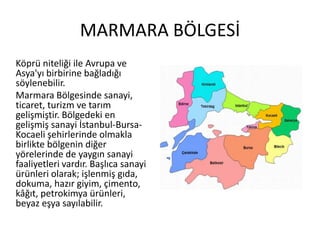MARMARA BÖLGESİKöprü niteliği ile Avrupa ve Asya'yı birbirine bağladığı söylenebilir.Marmara Bölgesinde sanayi, ticaret, turizm ve tarım gelişmiştir. Bölgedeki en gelişmiş sanayi İstanbul-Bursa-Kocaeli şehirlerinde olmakla birlikte bölgenin diğer yörelerinde de yaygın sanayi faaliyetleri vardır. Başlıca sanayi ürünleri olarak; işlenmiş gıda, dokuma, hazır giyim, çimento, kâğıt, petrokimya ürünleri, beyaz eşya sayılabilir.