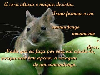 A essa altura o mágico desistiu. Transformou-o em  camundongo  novamente  e disse: Nada que eu faça por você vai ajudá-lo, porque você tem apenas a coragem  de um camundongo. 