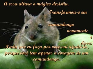 A essa altura o mágico desistiu. Transformou-o em  camundongo  novamente  e disse: Nada que eu faça por você vai ajudá-lo, porque você tem apenas a coragem de um camundongo. 