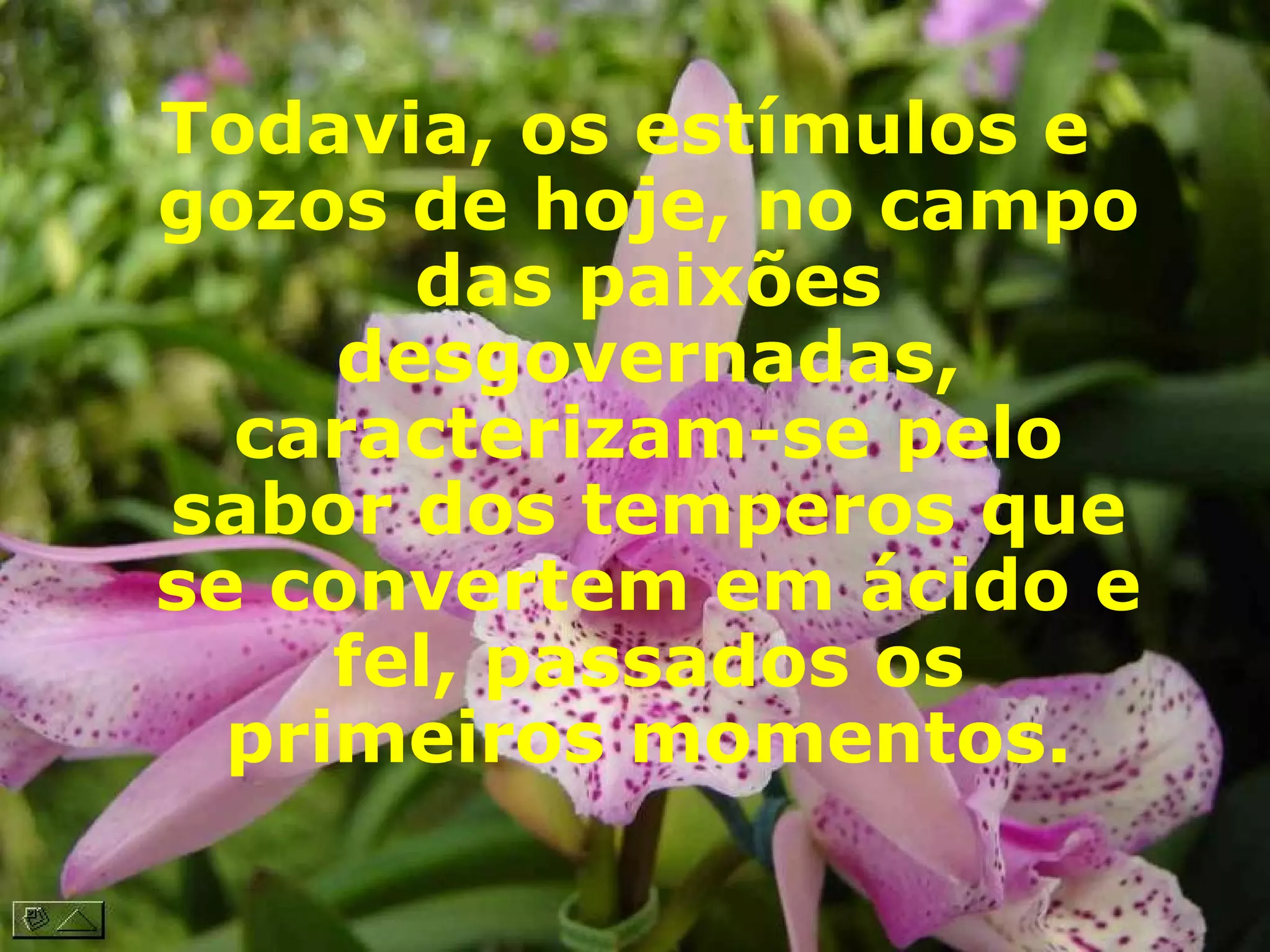 Todavia, os estímulos e gozos de hoje, no campo das paixões desgovernadas, caracterizam-se pelo sabor dos temperos que se convertem em ácido e fel, passados os primeiros momentos. 
