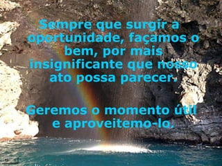 Sempre que surgir a oportunidade, façamos o bem, por mais insignificante que nosso ato possa parecer.   Geremos o momento útil e aproveitemo-lo. 