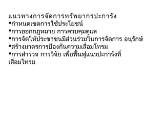 แนวทางการจัดการทรัพยากรปะการัง
กำาหนดเขตการใช้ประโยชน์
การออกกฎหมาย การควบคุมดูแล
การจัดให้ประชาชนมีส่วนร่วมในการจัดการ อนุรักษ์
สร้างมาตรการป้องกันความเสื่อมโทรม
การสำารวจ การวิจัย เพื่อฟื้นฟูแนวปะการังที่
เสื่อมโทรม
 
