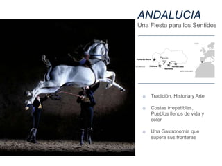 ANDALUCIA
Una Fiesta para los Sentidos
o Tradición, Historia y Arte
o Costas irrepetibles,
Pueblos llenos de vida y
color
o Una Gastronomia que
supera sus fronteras
 