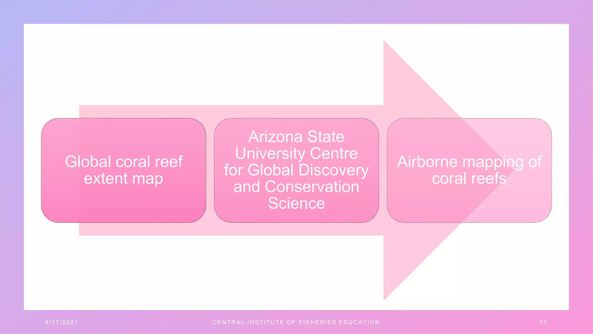 8 / 1 7 / 2 0 2 1 C E N T R A L I N S T I T U T E O F F I S H E R I E S E D U C A T I O N 3 3
Global coral reef
extent map
Arizona State
University Centre
for Global Discovery
and Conservation
Science
Airborne mapping of
coral reefs
 