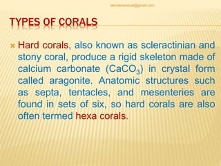 TYPES OF CORALS
 Hard corals, also known as scleractinian and
stony coral, produce a rigid skeleton made of
calcium carbonate (CaCO3) in crystal form
called aragonite. Anatomic structures such
as septa, tentacles, and mesenteries are
found in sets of six, so hard corals are also
often termed hexa corals.
jitenderanduat@gmail.com
 