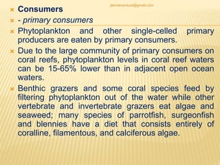  Consumers
 - primary consumers
 Phytoplankton and other single-celled primary
producers are eaten by primary consumers.
 Due to the large community of primary consumers on
coral reefs, phytoplankton levels in coral reef waters
can be 15-65% lower than in adjacent open ocean
waters.
 Benthic grazers and some coral species feed by
filtering phytoplankton out of the water while other
vertebrate and invertebrate grazers eat algae and
seaweed; many species of parrotfish, surgeonfish
and blennies have a diet that consists entirely of
coralline, filamentous, and calciferous algae.
jitenderanduat@gmail.com
 