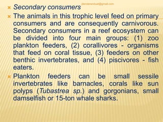  Secondary consumers
 The animals in this trophic level feed on primary
consumers and are consequently carnivorous.
Secondary consumers in a reef ecosystem can
be divided into four main groups: (1) zoo
plankton feeders, (2) corallivores - organisms
that feed on coral tissue, (3) feeders on other
benthic invertebrates, and (4) piscivores - fish
eaters.
 Plankton feeders can be small sessile
invertebrates like barnacles, corals like sun
polyps (Tubastrea sp.) and gorgonians, small
damselfish or 15-ton whale sharks.
jitenderanduat@gmail.com
 