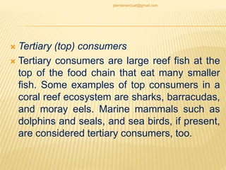  Tertiary (top) consumers
 Tertiary consumers are large reef fish at the
top of the food chain that eat many smaller
fish. Some examples of top consumers in a
coral reef ecosystem are sharks, barracudas,
and moray eels. Marine mammals such as
dolphins and seals, and sea birds, if present,
are considered tertiary consumers, too.
jitenderanduat@gmail.com
 