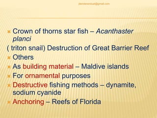  Crown of thorns star fish – Acanthaster
planci
( triton snail) Destruction of Great Barrier Reef
 Others
 As building material – Maldive islands
 For ornamental purposes
 Destructive fishing methods – dynamite,
sodium cyanide
 Anchoring – Reefs of Florida
jitenderanduat@gmail.com
 