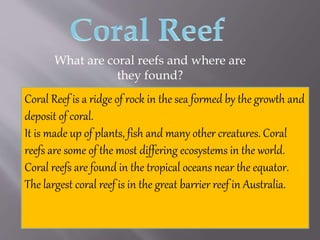 What are coral reefs and where are
they found?
Coral Reef is a ridge of rock in the sea formed by the growth and
deposit of coral.
It is made up of plants, fish and many other creatures. Coral
reefs are some of the most differing ecosystems in the world.
Coral reefs are found in the tropical oceans near the equator.
The largest coral reef is in the great barrier reef in Australia.
 