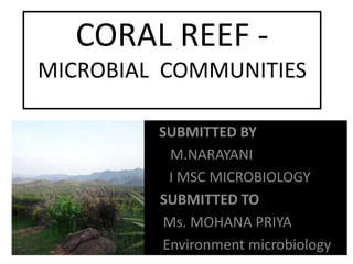 CORAL REEF -
MICROBIAL COMMUNITIES
SUBMITTED BY
M.NARAYANI
I MSC MICROBIOLOGY
SUBMITTED TO
Ms. MOHANA PRIYA
Environment microbiology
 