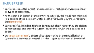 BARRIER REEF:
• Barrier reefs are the largest , most extensive , highest and widest reefs of
all types of coral reefs.
• As the island or margin of the continent subsides, the fringe reef maintain
its positions at the optimum water depth by growing upward , producing
the barrier reef.
• Barrier reefs are seldom found in continuous chain rather they are broken
at many places and thus the lagoon have contact with the open sea and
oceans.
• ex:- great barrier reef , covers about two – third of the costal length of
Queensland province of Australia, is the largest barrier reef of the world.
 