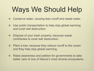 Ways We Should Help
 Conserve water, causing less runoff and waste water.
 Use public transportation to help stop global warming
and coral reef destruction.
 Dispose of your trash properly, because waste
contributes to coral reef destruction.
 Plant a tree, because they reduce runoff to the ocean
and they help stop global warming.
 Raise awareness and petition for governments to take
better care of one of Nature’s most diverse ecosystems.
 