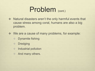 Problem (cont.)
 Natural disasters aren’t the only harmful events that
cause stress among coral, humans are also a big
pr...