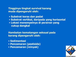 Hambatan kematangan seksual pada karang dipengaruhi oleh: Sedimentasi Pencemaran (pestisida) Pencemaran (minyak) Tingginya tingkat survival karang muda dipengaruhi oleh: Substrat keras dan padat Substrat vertikal, daripada yang horisontal Lokasi menempelnya di perairan yang  cukup dangkal 
