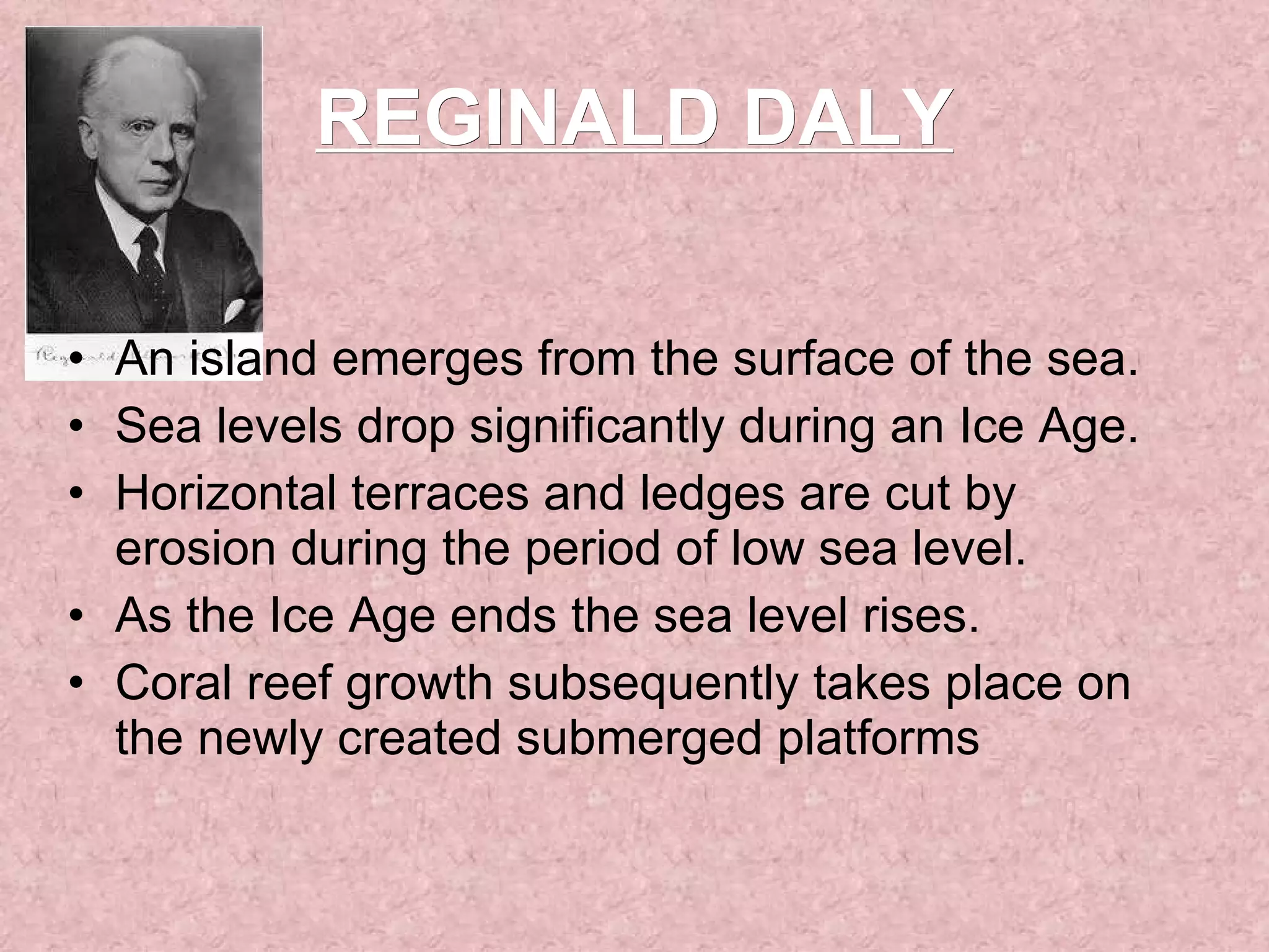 REGINALD DALY An island emerges from the surface of the sea.  Sea levels drop significantly during an Ice Age.  Horizontal terraces and ledges are cut by erosion during the period of low sea level.  As the Ice Age ends the sea level rises.  Coral reef growth subsequently takes place on the newly created submerged platforms 