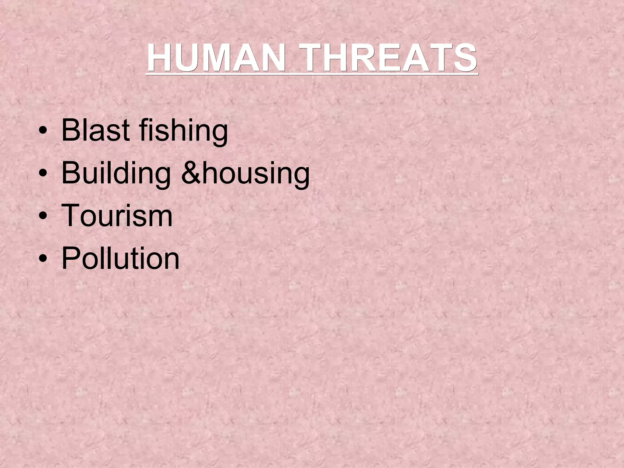 Blast fishing Building &housing Tourism Pollution HUMAN THREATS 