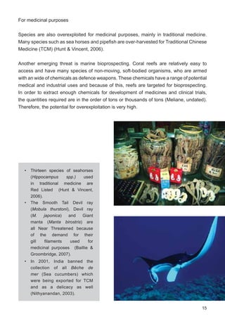 15
For medicinal purposes
Species are also overexploited for medicinal purposes, mainly in traditional medicine.
Many species such as sea horses and pipefish are over-harvested for Traditional Chinese
Medicine (TCM) (Hunt & Vincent, 2006).
Another emerging threat is marine bioprospecting. Coral reefs are relatively easy to
access and have many species of non-moving, soft-bodied organisms, who are armed
with an wide of chemicals as defence weapons. These chemicals have a range of potential
medical and industrial uses and because of this, reefs are targeted for bioprospecting.
In order to extract enough chemicals for development of medicines and clinical trials,
the quantities required are in the order of tons or thousands of tons (Meliane, undated).
Therefore, the potential for overexploitation is very high.
• Thirteen species of seahorses
(Hippocampus spp.) used
in traditional medicine are
Red Listed (Hunt & Vincent,
2006).
• The Smooth Tail Devil ray
(Mobula thurstoni), Devil ray
(M. japonica) and Giant
manta (Manta birostris) are
all Near Threatened because
of the demand for their
gill filaments used for
medicinal purposes (Baillie &
Groombridge, 2007).
• In 2001, India banned the
collection of all Bêche de
mer (Sea cucumbers) which
were being exported for TCM
and as a delicacy as well
(Nithyanandan, 2003).
 