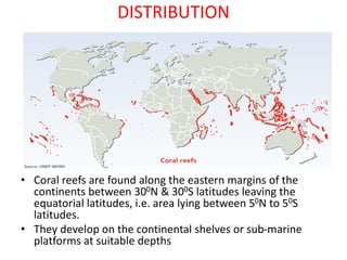 DISTRIBUTION
• Coral reefs are found along the eastern margins of the
continents between 300N & 300S latitudes leaving the
equatorial latitudes, i.e. area lying between 50N to 50S
latitudes.
• They develop on the continental shelves or sub-marine
platforms at suitable depths
 