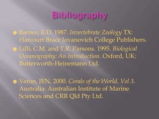 ☻ Barnes, R.D. 1987. Invertebrate Zoology TX:
  Harcourt Brace Jovanovich College Publishers.
☻ Lilli, C.M. and T.R. Parsons. 1995. Biological
  Oceanography: An Introduction. Oxford, UK:
  Butterworth-Heinemann Ltd.

☻ Veron, JEN. 2000. Corals of the World. Vol 3.
  Australia: Australian Institute of Marine
  Sciences and CRR Qld Pty Ltd.
 