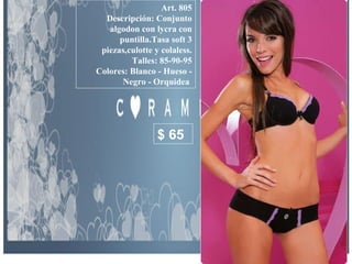 Art. 805 Descripción: Conjunto algodon con lycra con puntilla.Tasa soft 3 piezas,culotte y colaless. Talles: 85-90-95 Colores: Blanco - Hueso - Negro - Orquidea   $ 65 