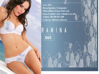 Art. 810 Descripción: Conjunto Microfibra,Tasa Soft con base.Culotte con volados en tul. Talles: 85-90-95-100 Colores: Blanco-Hueso  $65 