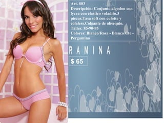 Art. 803 Descripción: Conjunto algodon con lycra con elastico voladito.3 piezas.Tasa soft con culotte y colaless.Colgante de obsequio. Talles: 85-90-95 Colores: Blanco/Rosa - Blanco/Cte - Pergamino  $ 65 