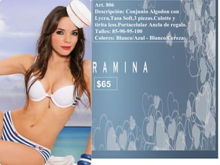 Art. 806 Descripción: Conjunto Algodon con Lycra,Tasa Soft,3 piezas.Culotte y tirita less.Portacelular Ancla de regalo. Talles: 85-90-95-100 Colores: Blanco/Azul - Blanco/Cereza   $65 
