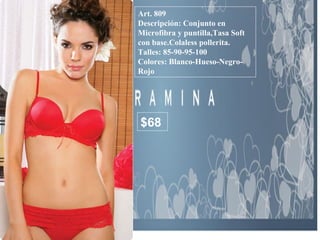 Art. 809 Descripción: Conjunto en Microfibra y puntilla,Tasa Soft con base.Colaless pollerita. Talles: 85-90-95-100 Colores: Blanco-Hueso-Negro-Rojo  $68 