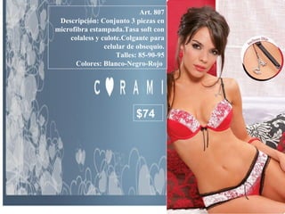 Art. 807 Descripción: Conjunto 3 piezas en microfibra estampada.Tasa soft con colaless y culote.Colgante para celular de obsequio. Talles: 85-90-95 Colores: Blanco-Negro-Rojo  $74 