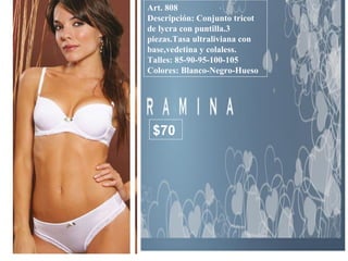 Art. 808 Descripción: Conjunto tricot de lycra con puntilla.3 piezas.Tasa ultraliviana con base,vedetina y colaless. Talles: 85-90-95-100-105  Colores: Blanco-Negro-Hueso  $70 