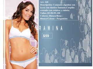 Art. 160 Descripción: Conjunto algodon con lycra con elastico fantasia.Corpiño cruzado con colaless y culotte. Talles: 85-90-95-100 Colores: Blanco/Rosa - Blanco/Celeste - Pergamino  $59 