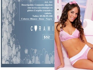 Art. 161 Descripción: Conjunto algodon con lycra con estampa en glitter.Corpiño cruzado y culotte.  Talles: 85-90-95-100 Colores: Blanco - Rosa - Negro  $52 