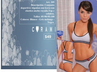 Art. 209 Descripción: Conjunto deportivo Algodon con lycra con elastico ancho rayado.Top y colaless. Talles: 85-90-95-100 Colores: Blanco - Gris melange - Negro  $49 