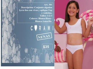 Art. 301 Descripción: Conjunto algodon lycra liso con vivos y aplique.Top y vedetina. Talles: 1-2-3 Colores: Blanco/Rosa - Blanco/Amarillo   NENAS $35 