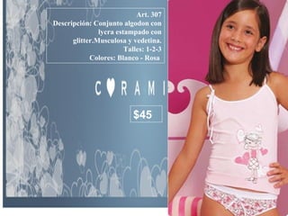 Art. 307 Descripción: Conjunto algodon con lycra estampado con glitter.Musculosa y vedetina. Talles: 1-2-3 Colores: Blanco - Rosa  $45 