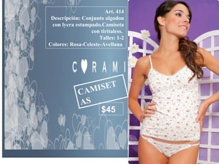 CAMISETAS Art. 414 Descripción: Conjunto algodon con lycra estampado.Camiseta con tiritaless.  Talles: 1-2 Colores: Rosa-Celeste-Avellana   $45 