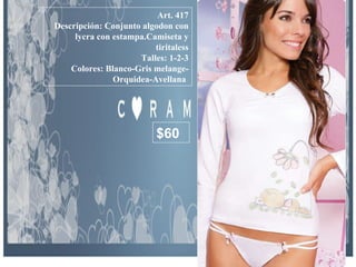 Art. 417 Descripción: Conjunto algodon con lycra con estampa.Camiseta y tiritaless Talles: 1-2-3 Colores: Blanco-Gris melange-Orquidea-Avellana   $60 
