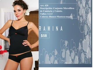 Art. 420 Descripción: Conjunto Microfibra de Camiseta y Culotte. Talles: 1-2-3 Colores: Blanco-Manteca-negro  $58 